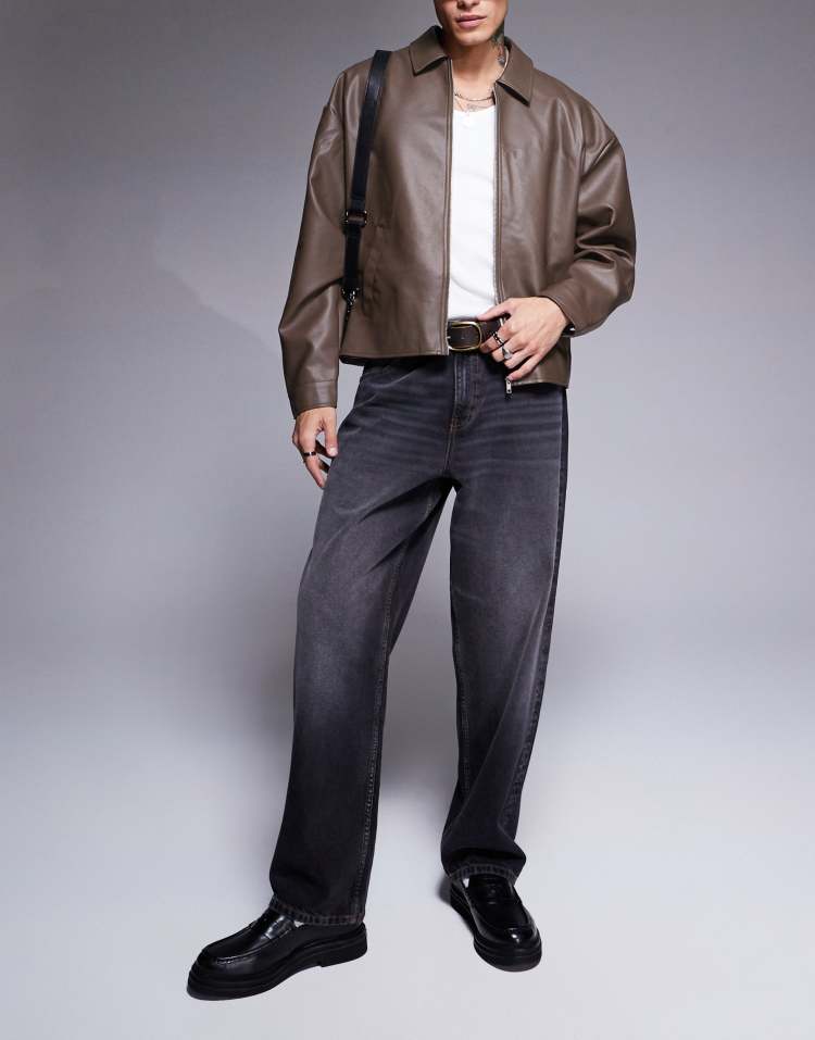 Original Leather Harrington Jacket �?Brown Boxy Oversized Fit | Cowskin Jackets